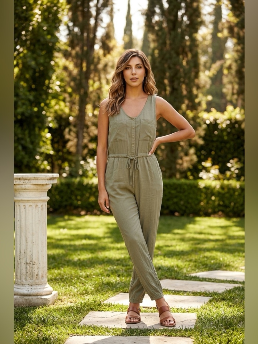 Rachel Zoe Olive Green Sleeveless Button-Front Jumpsuit